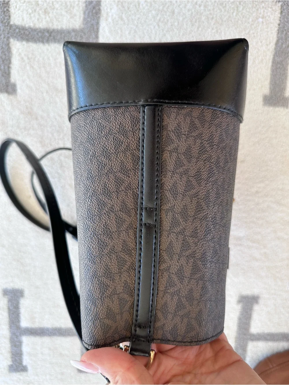Michael Kors Brown Monogram Drawstring Shoulder Bag with Black Trim
